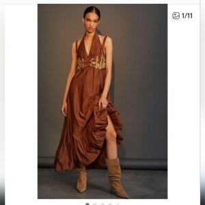 Nikita Mhaisalkar Brown Halter Maxi Dress With Flounce Coachella 4